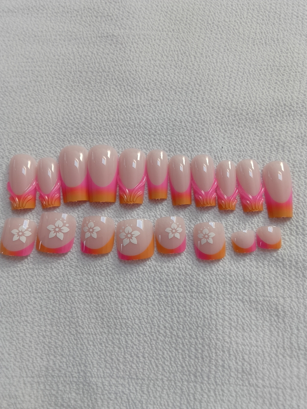 Pink & Orange Floral Accent Press-On Toe Nails Long Coffin/Ballerina Shape.